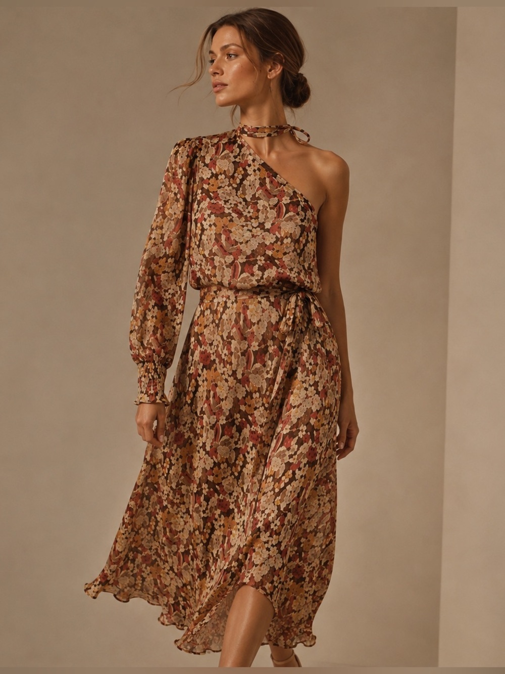 Ralph Lauren One-Shoulder Floral Maxi Dress in Rust and Cream